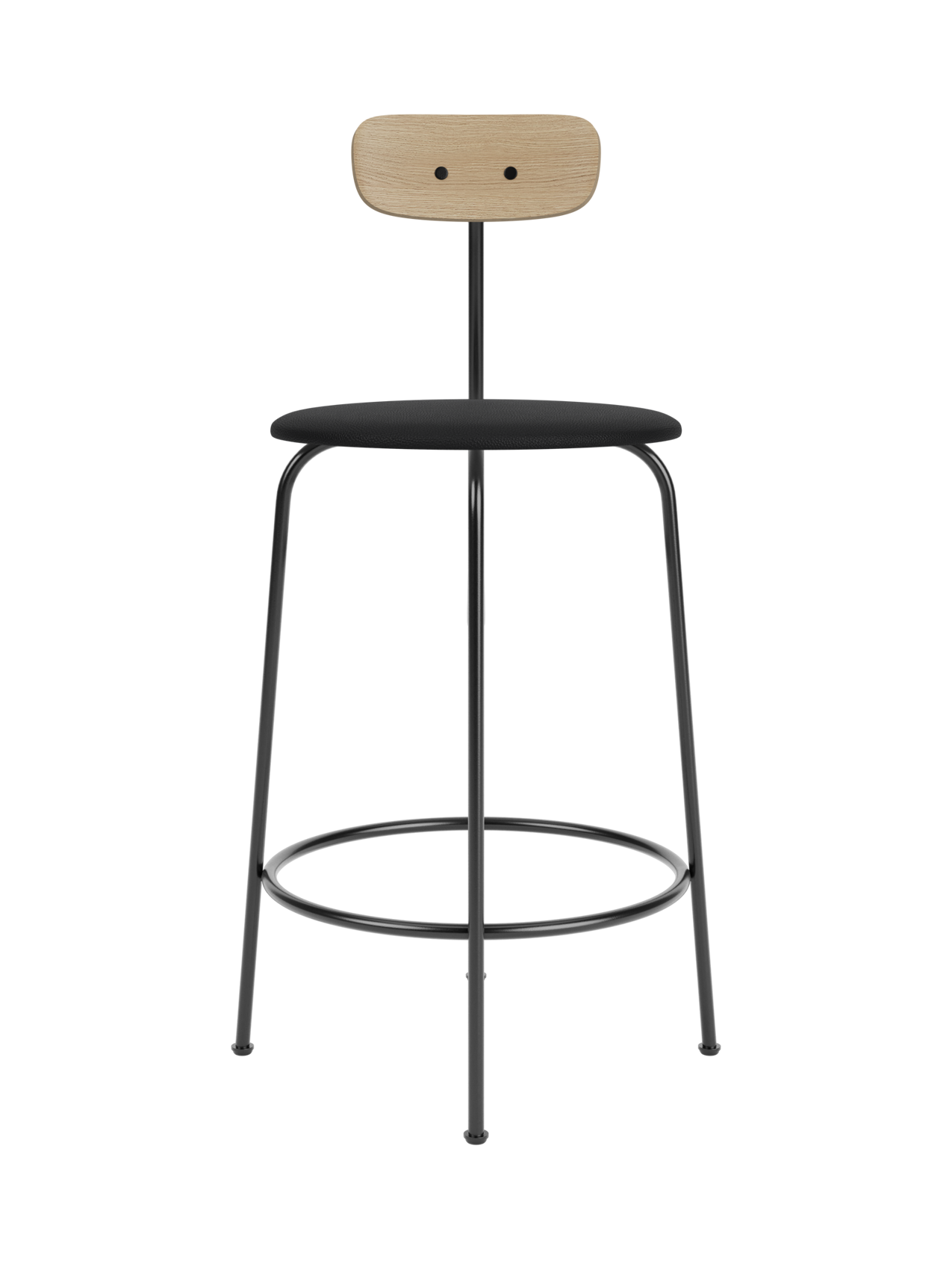 Afteroom Counter Chair featuring a black Sierra 1001 upholstered seat and natural oak backrest on a black steel frame.