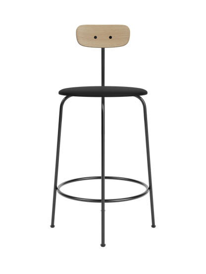 Afteroom Counter Chair featuring a black Sierra 1001 upholstered seat and natural oak backrest on a black steel frame.