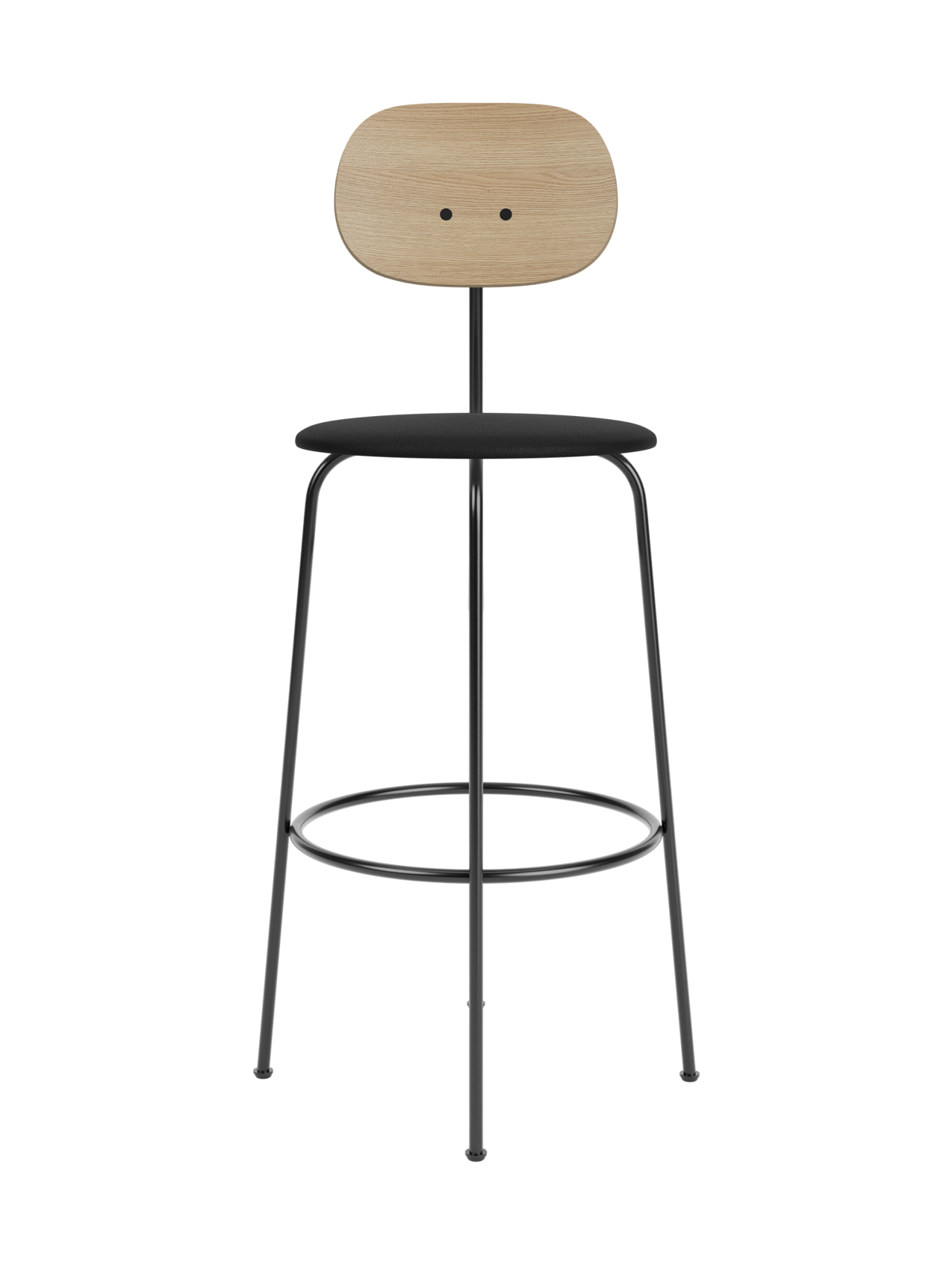 Afteroom Bar Chair Plus featuring a natural oak backrest and black upholstered seat on a slender black metal frame.