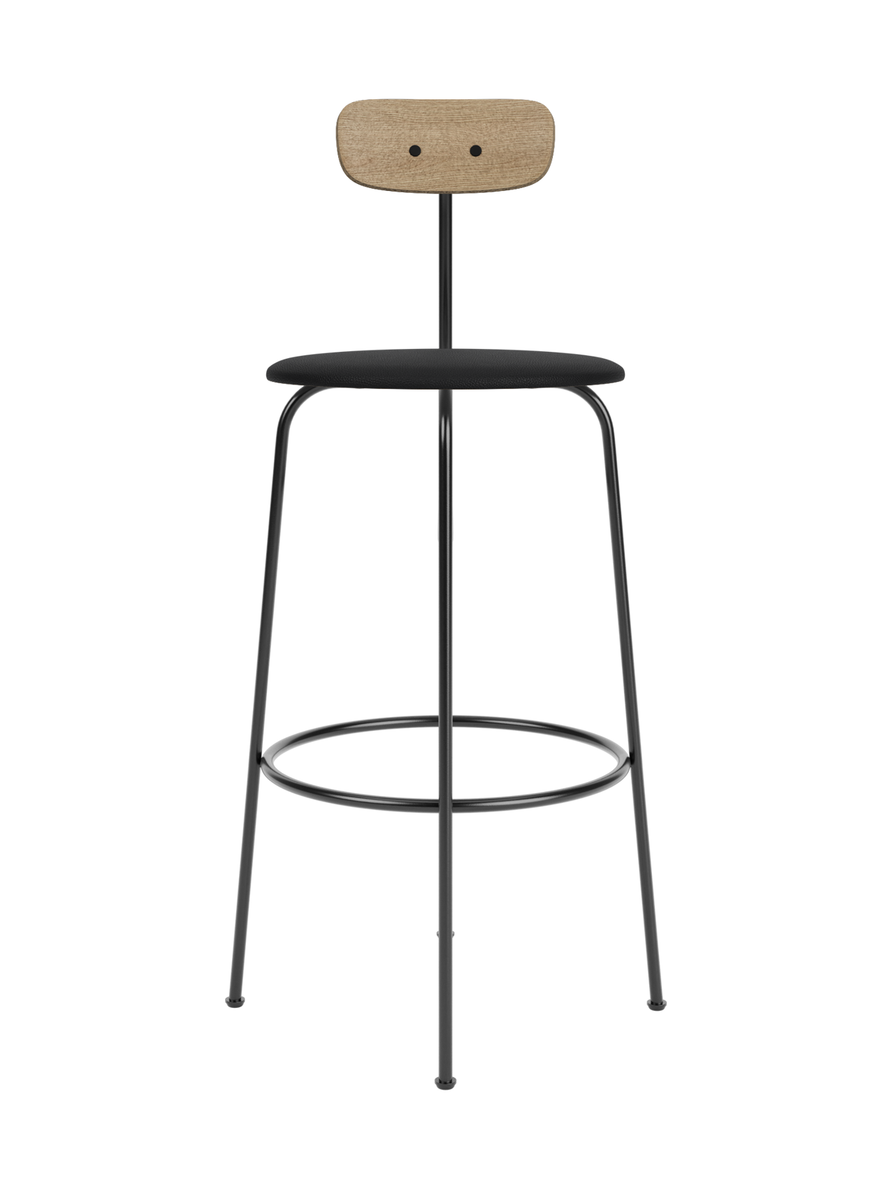 Afteroom Bar Chair with a natural oak backrest and black upholstered seat on a slim, minimalist black steel frame.