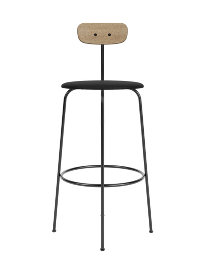 Afteroom Bar Chair with a natural oak backrest and black upholstered seat on a slim, minimalist black steel frame.