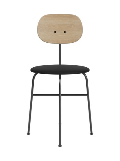 Afteroom Dining Chair Plus, Upholstered Seat with natural oak backrest and minimalist black steel frame.