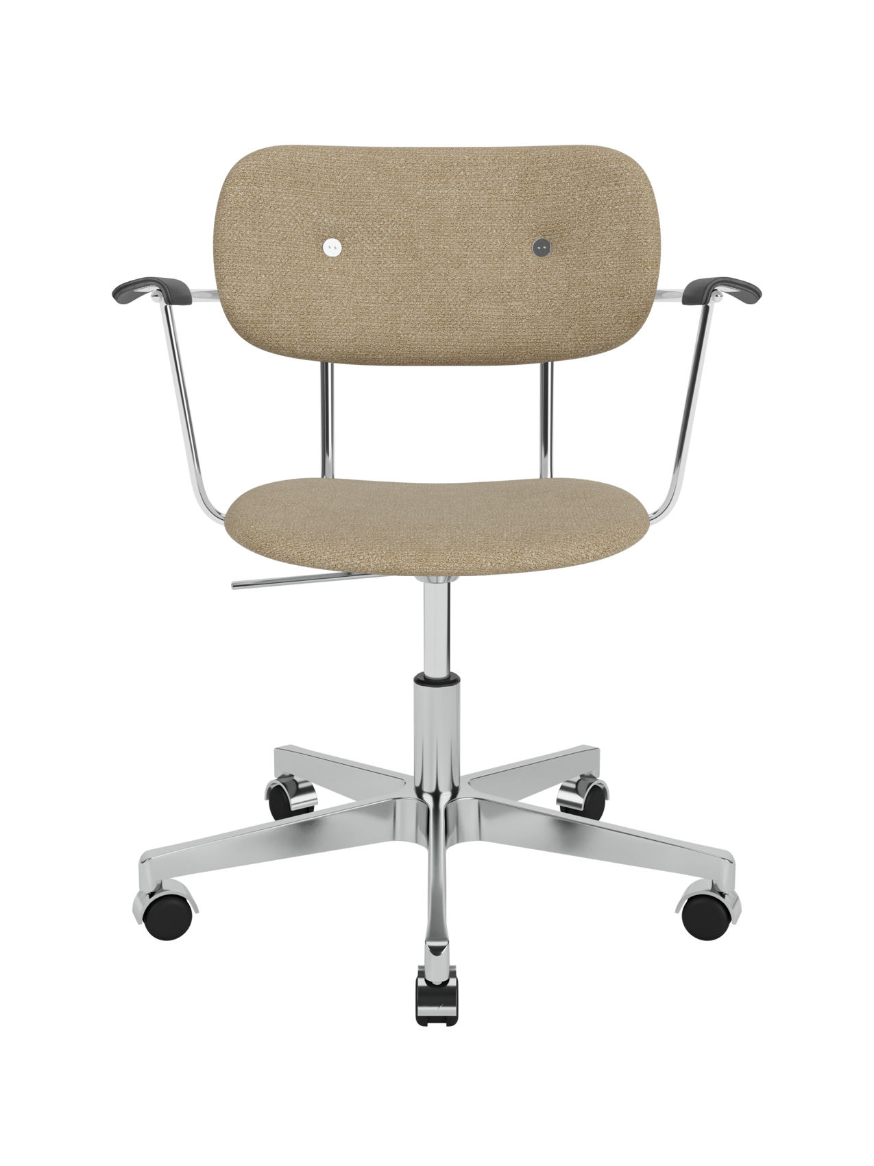 Co Task Chair in beige bouclé with black oak armrests and a polished chrome swivel base with casters.