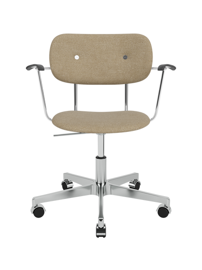 Co Task Chair in beige bouclé with black oak armrests and a polished chrome swivel base with casters.