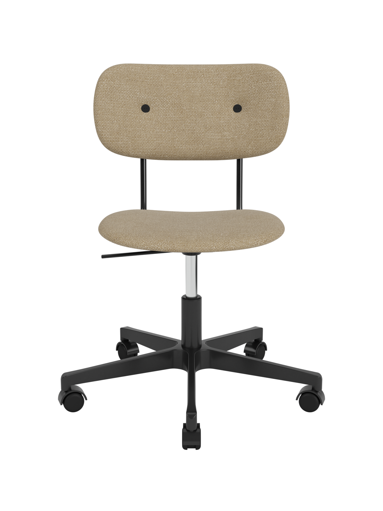 Fully upholstered Co Task Chair in beige bouclé fabric with a black five-star swivel base and casters.