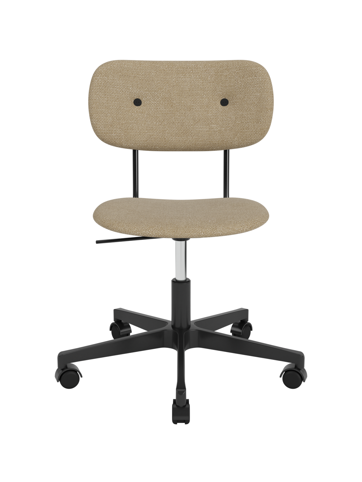 Fully upholstered Co Task Chair in beige bouclé fabric with a black five-star swivel base and casters.