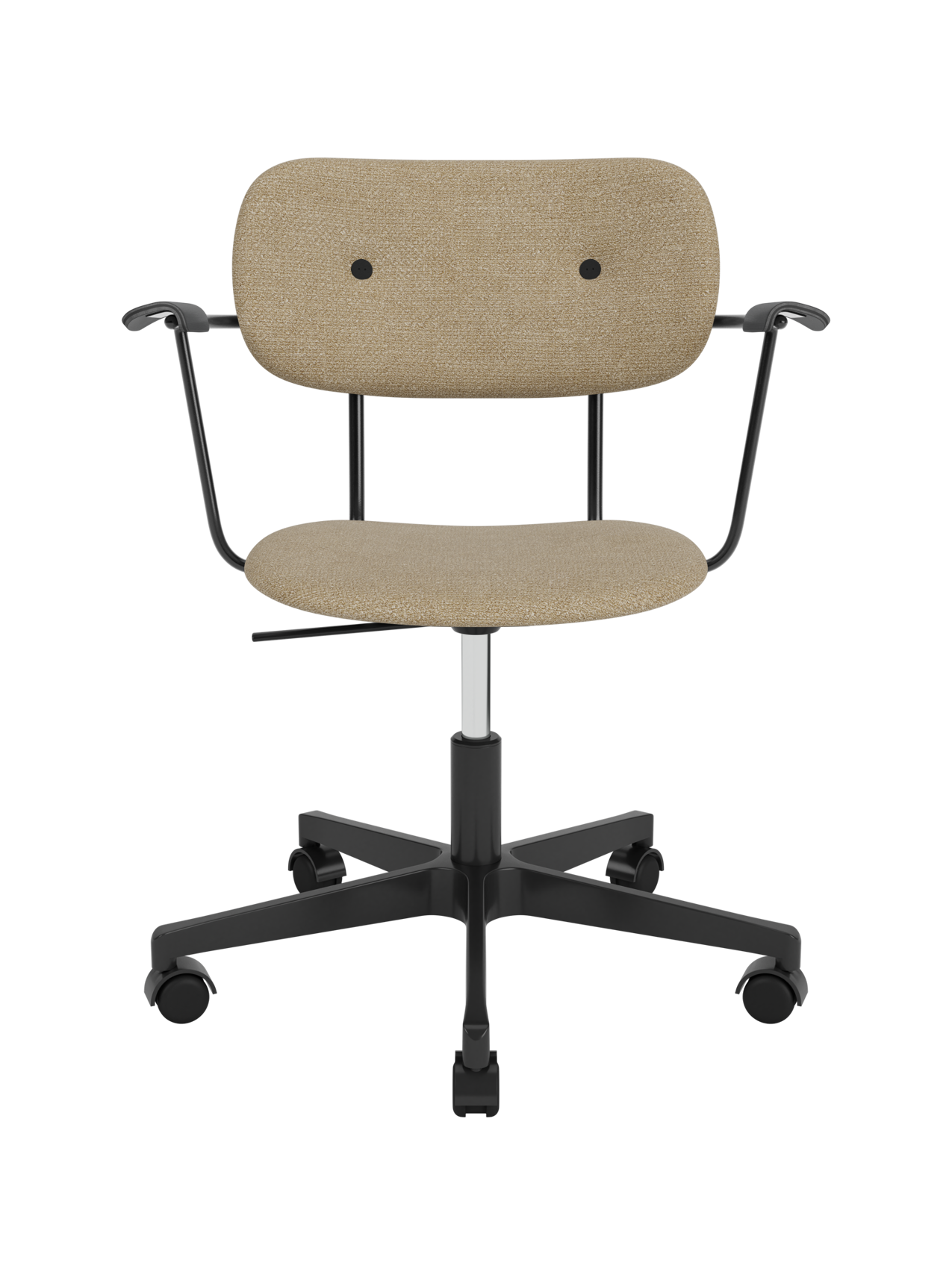 Fully upholstered Co Task Chair in beige Bouclé 02 with black oak armrests and a five-star swivel base with casters.