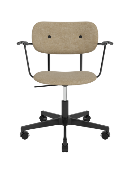 Fully upholstered Co Task Chair in beige Bouclé 02 with black oak armrests and a five-star swivel base with casters.