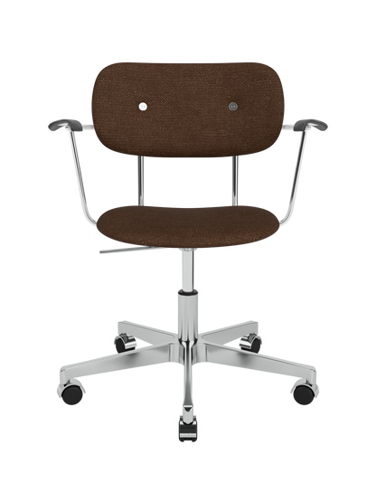 Co Task Chair featuring brown bouclé upholstery, black oak armrests and a polished chrome aluminium base with casters.