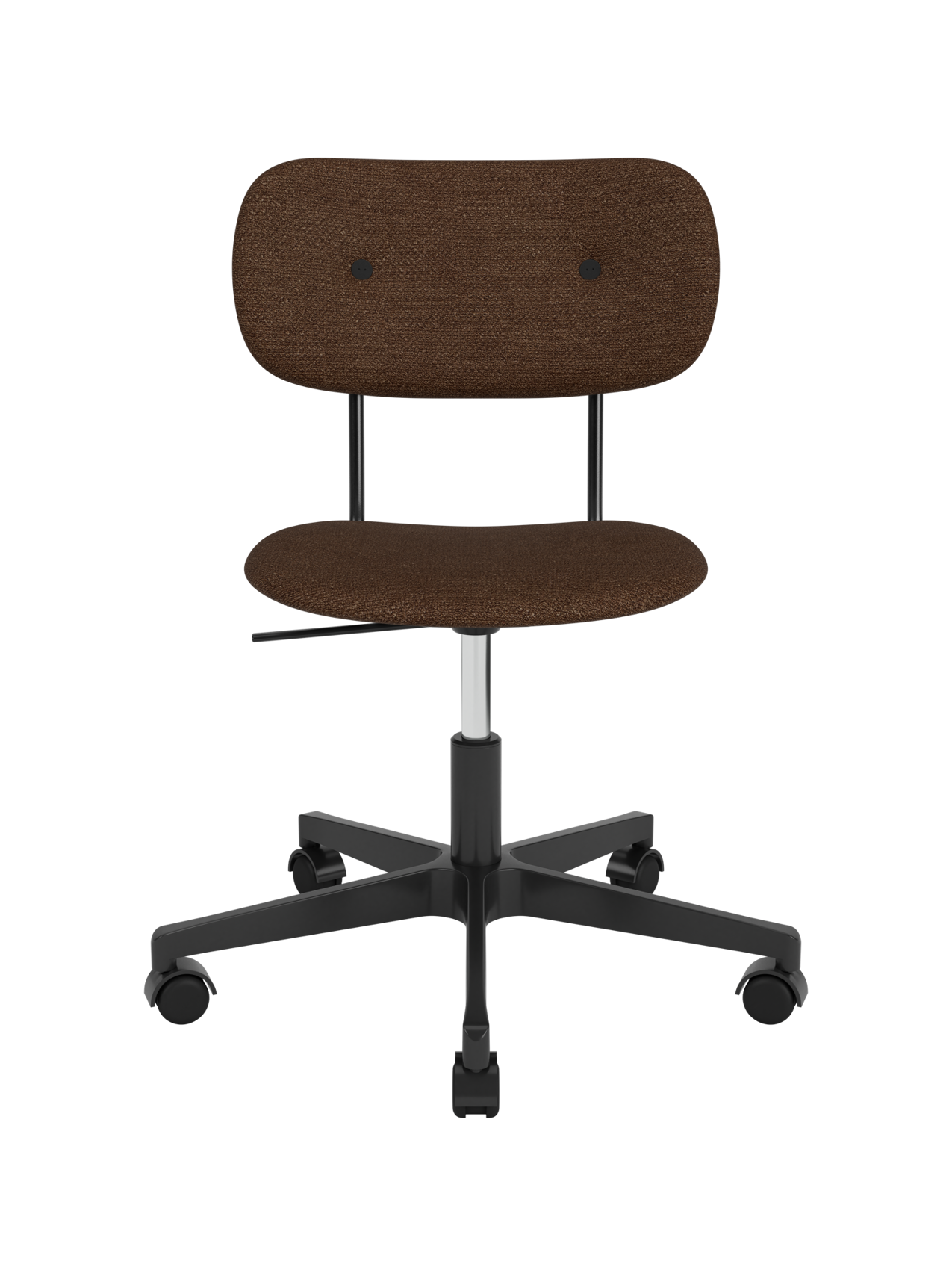 Brown boucl	 upholstered Co Task Chair with a black five-star swivel base and casters on a white background.