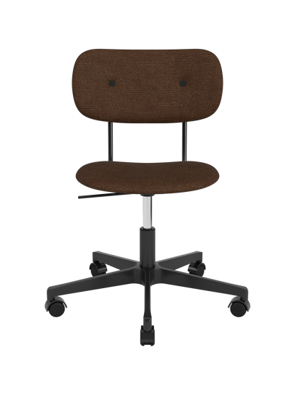 Brown boucl	 upholstered Co Task Chair with a black five-star swivel base and casters on a white background.