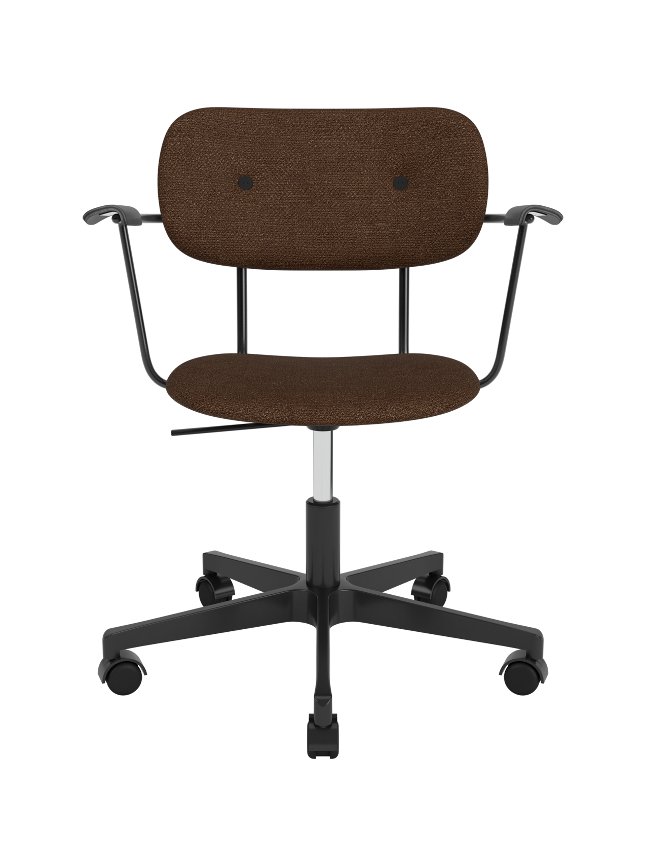 Co Task Chair in brown Audo Bouclé 07 with black painted oak armrests and a height-adjustable swivel base.