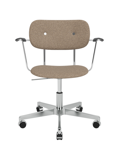 Logan Flint upholstered Co Task Chair featuring black oak armrests and a five-star chrome swivel base.
