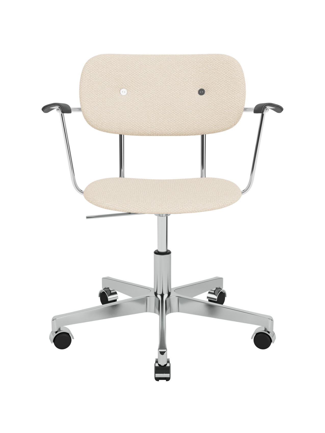 Co Task Chair in Logan Jasmine upholstery with black oak armrests and a chrome swivel base with casters.