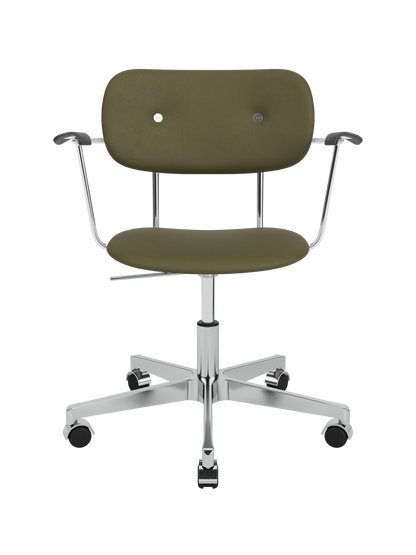Co Task Chair featuring olive Sierra leather, black oak armrests and a polished chrome swivel base with casters.