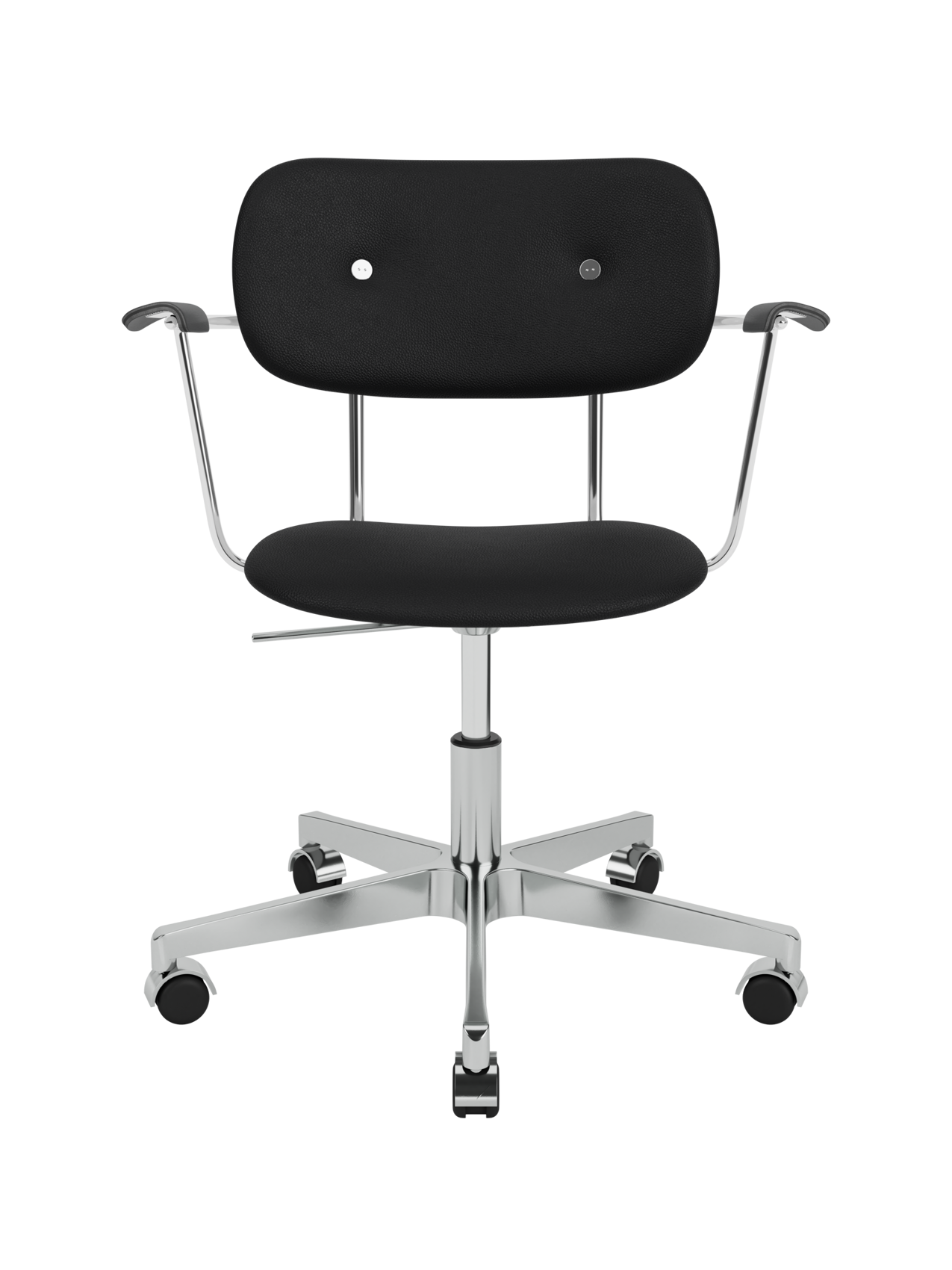 Black upholstered Co Task Chair with black oak armrests on a polished chrome swivel base with casters.