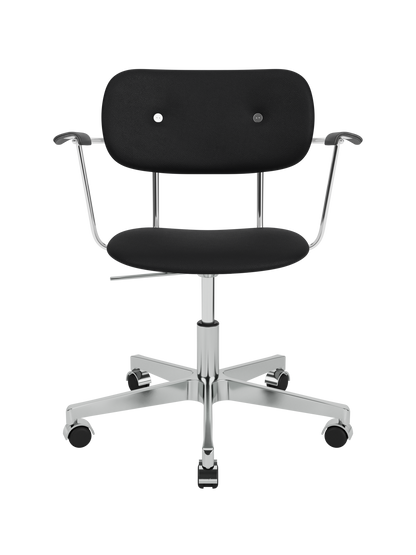 Black upholstered Co Task Chair with black oak armrests on a polished chrome swivel base with casters.