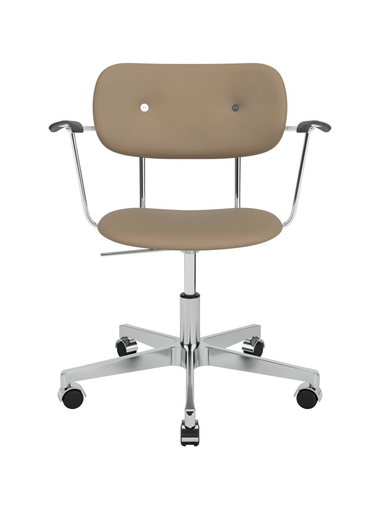 Co Task Chair with tan Sierra leather upholstery, black painted oak armrests and a polished chrome base with casters.