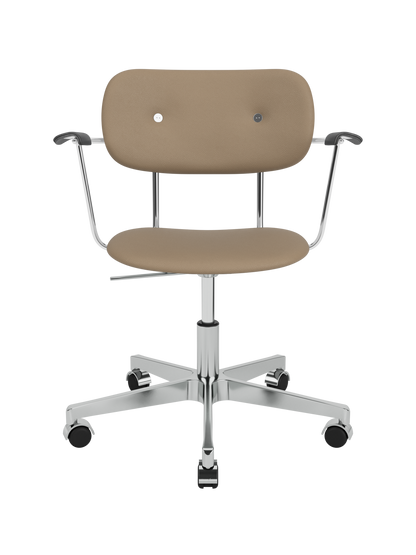 Co Task Chair with tan Sierra leather upholstery, black painted oak armrests and a polished chrome base with casters.