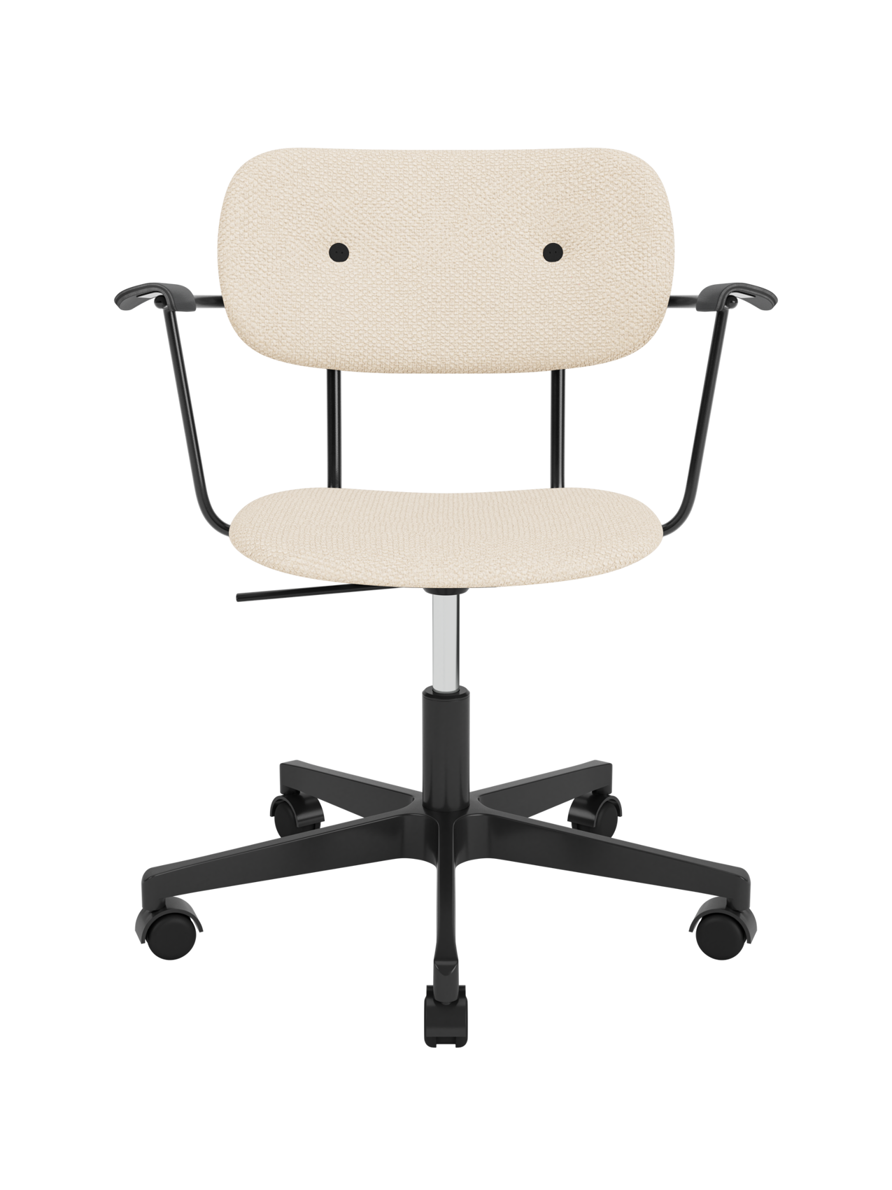 Fully upholstered Co Task Chair in Logan Jasmin fabric with black oak armrests and a black five-star swivel base.