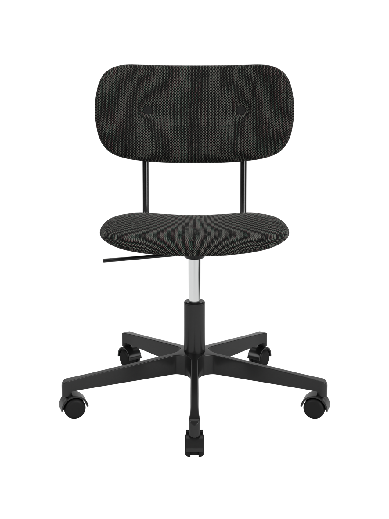 Fully upholstered Co Task Chair in charcoal Re-wool fabric with a black five-star swivel base and casters.