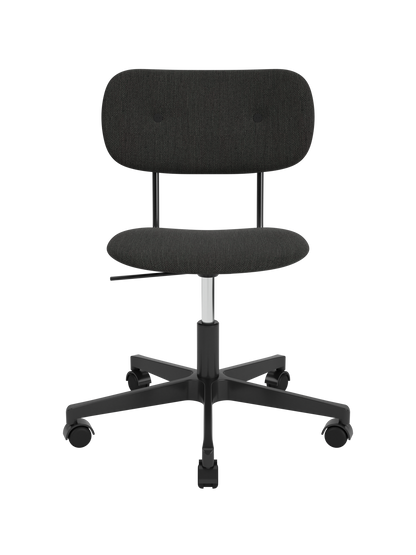 Fully upholstered Co Task Chair in charcoal Re-wool fabric with a black five-star swivel base and casters.