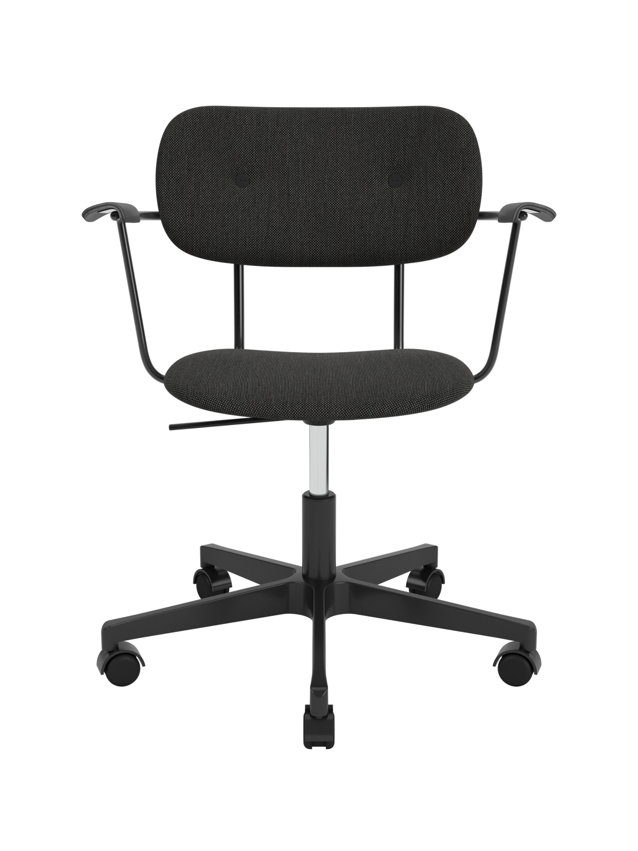 Co Task Chair featuring black Re-wool 0198 upholstery, black painted oak armrests and a five-star swivel base with casters.