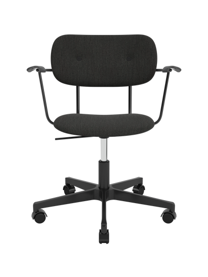 Co Task Chair featuring black Re-wool 0198 upholstery, black painted oak armrests and a five-star swivel base with casters.