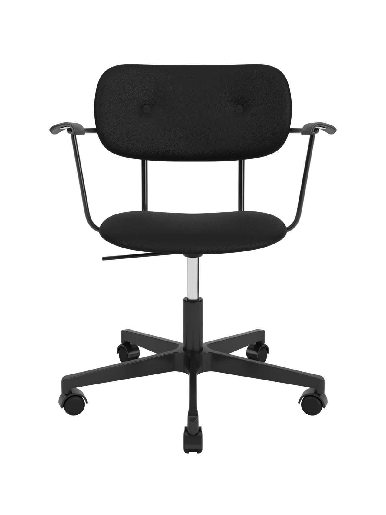 Fully upholstered Co Task Chair in black Sierra leather with black oak armrests and a five-star swivel base with castors.