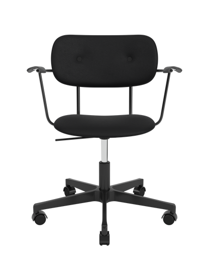 Fully upholstered Co Task Chair in black Sierra leather with black oak armrests and a five-star swivel base with castors.