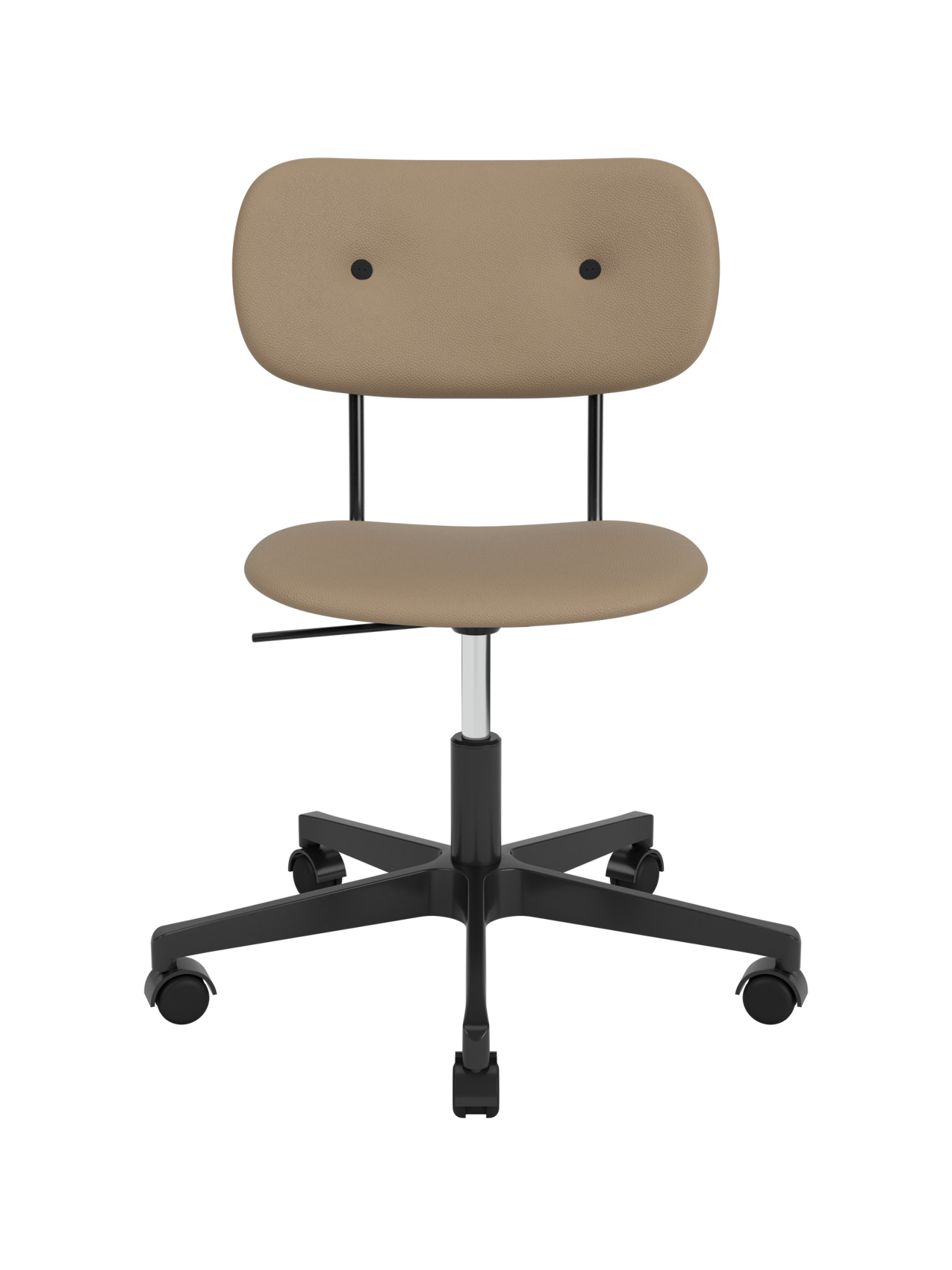 Fully upholstered Co Task Chair in Sierra 1611 tan leather with a black five-star swivel base and casters.