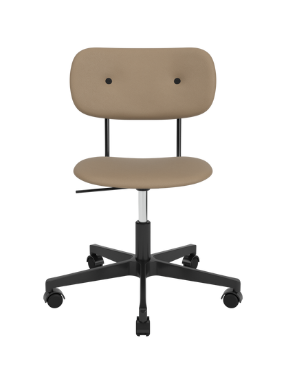 Fully upholstered Co Task Chair in Sierra 1611 tan leather with a black five-star swivel base and casters.