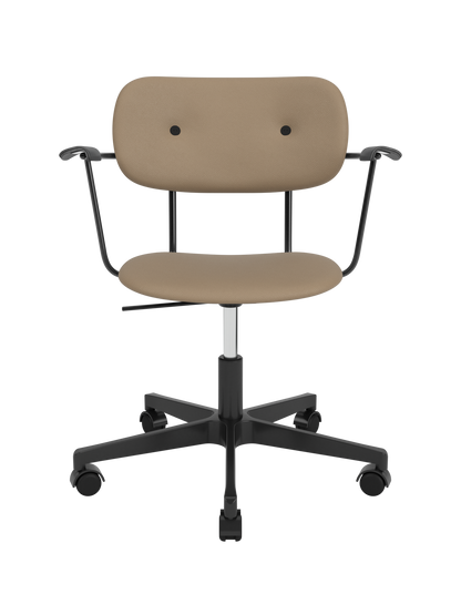 Fully upholstered Co Task Chair in Sierra 1611 leather with black armrests and a black five-star swivel base.