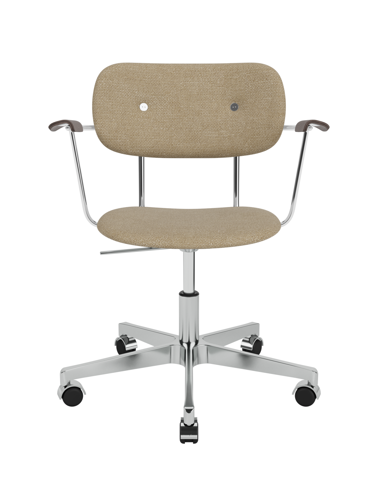 Co Task Chair in beige Audo Bouclé 02 fabric with dark-stained oak armrests and a polished aluminium base on casters.