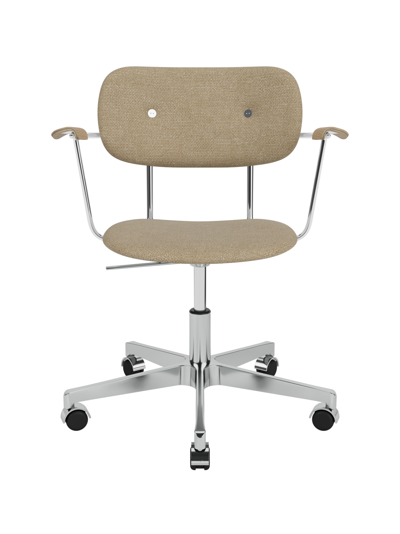 Beige Audo Bouclé 02 Co Task Chair with natural oak armrests and a chrome five-star base with casters.