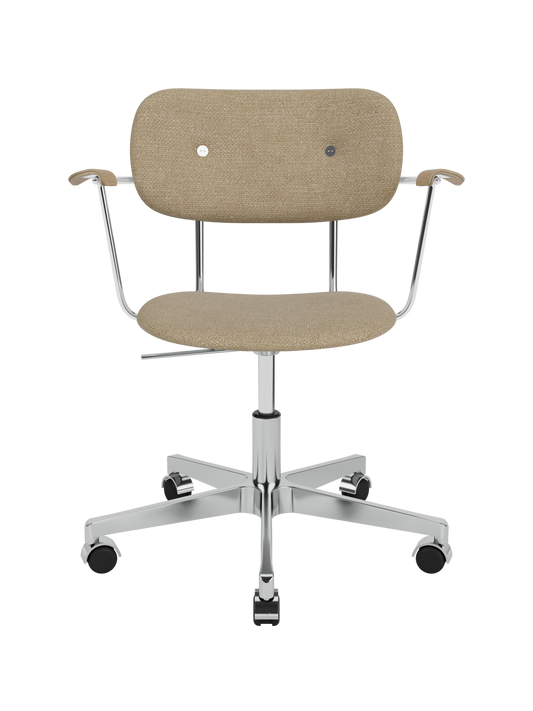 Beige Audo Bouclé 02 Co Task Chair with natural oak armrests and a chrome five-star base with casters.