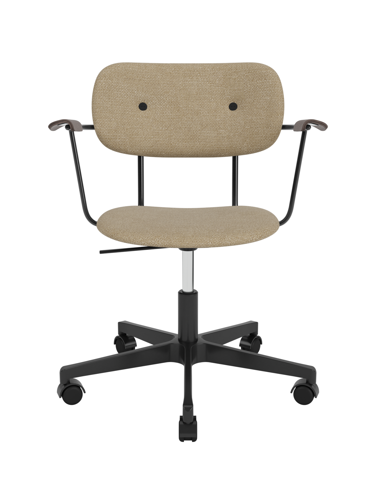 Co Task Chair in beige Bouclé 02 with dark stained oak armrests on a five-star black swivel base with casters.