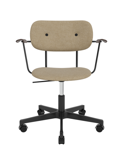 Co Task Chair in beige Bouclé 02 with dark stained oak armrests on a five-star black swivel base with casters.