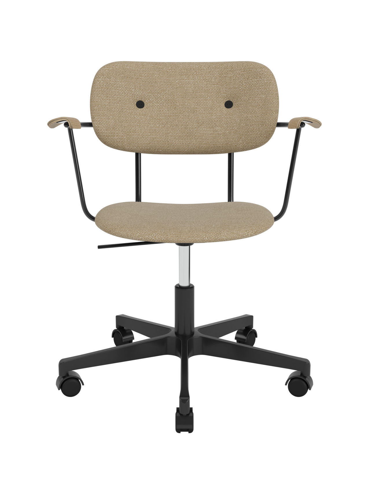 Co Task Chair fully upholstered in beige bouclé with natural oak armrests on a black swivel base with castors.