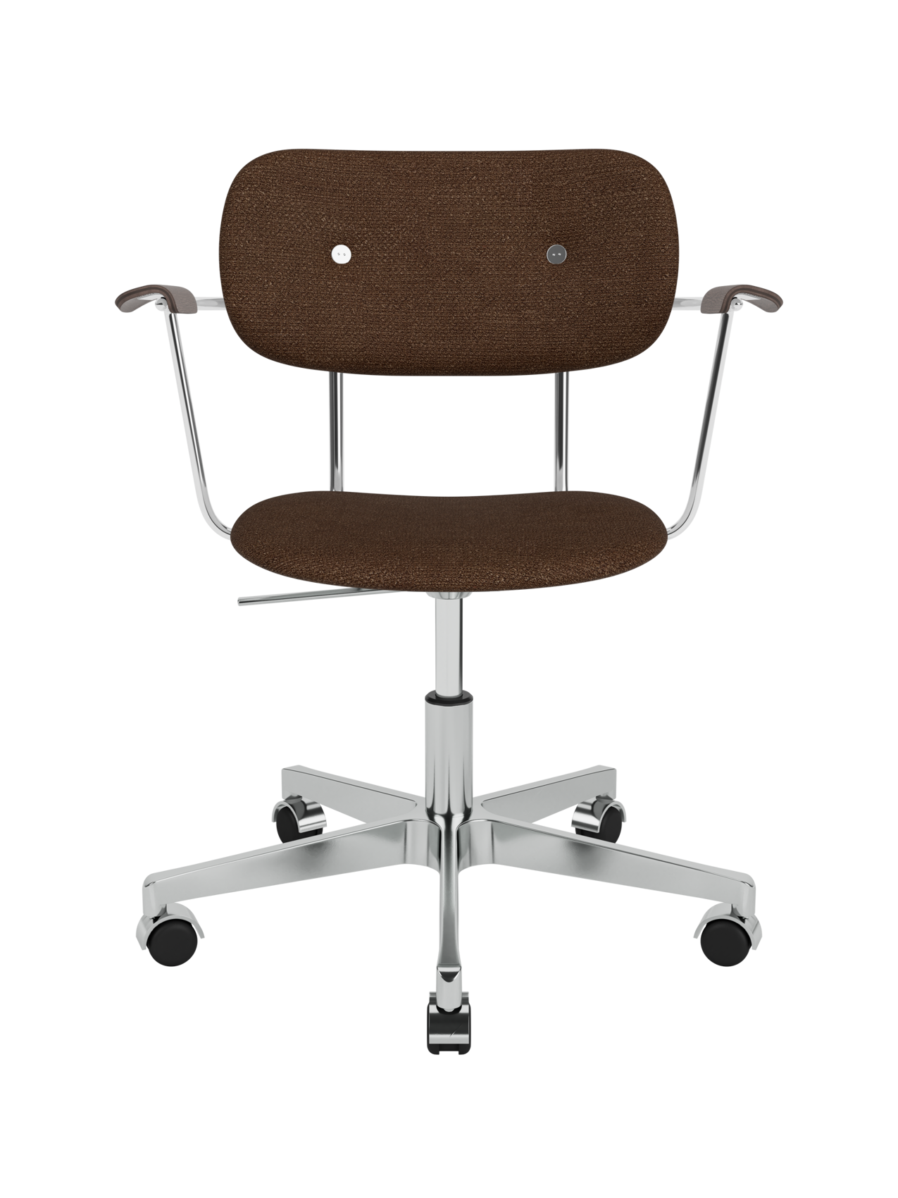 Co Task Chair in brown bouclé featuring dark stained oak armrests and a chrome-finished aluminium base with casters.