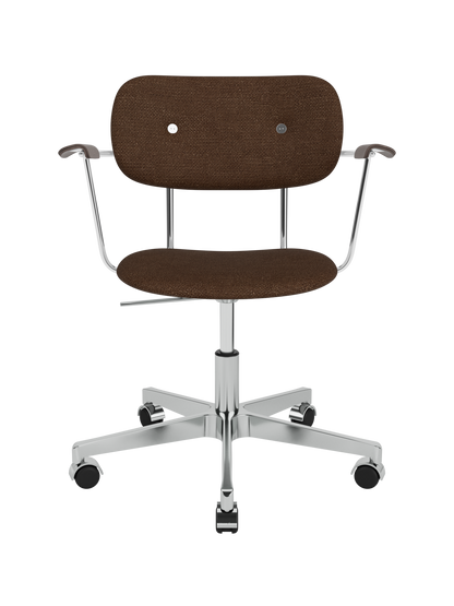 Co Task Chair in brown bouclé featuring dark stained oak armrests and a chrome-finished aluminium base with casters.