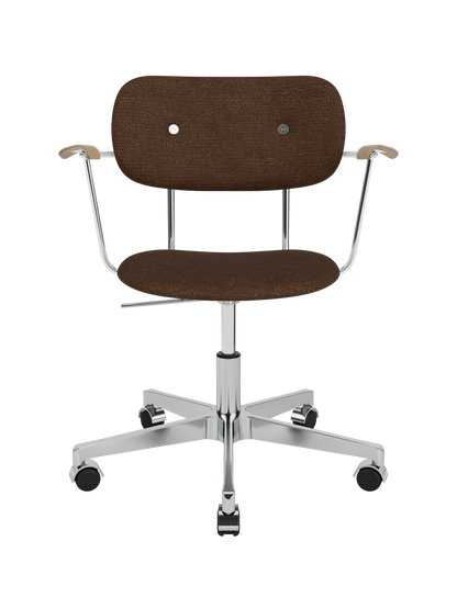 Co Task Chair in brown Bouclé 07 upholstery with natural oak armrests and a polished chrome base on casters.