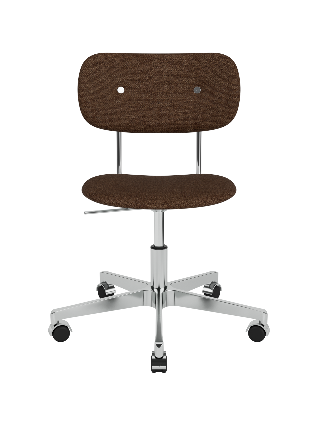 Brown bouclé Co Task Chair featuring an upholstered seat and back on a five-star chrome swivel base with casters.
