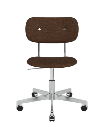 Brown bouclé Co Task Chair featuring an upholstered seat and back on a five-star chrome swivel base with casters.