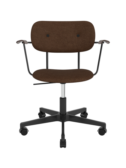 Brown Audo Bouclé 07 Co Task Chair featuring dark stained oak armrests and a black swivel base on wheels.