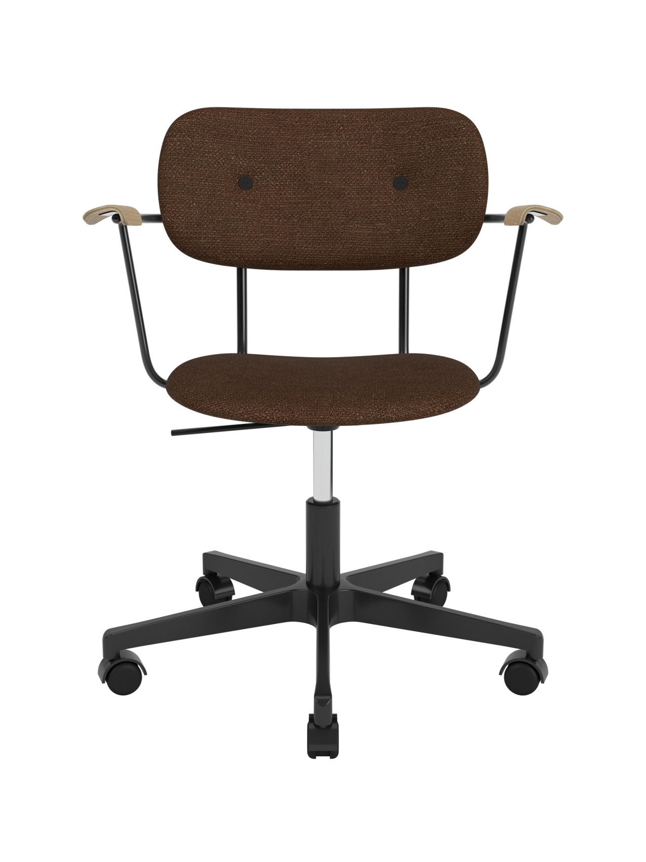 Fully upholstered Co Task Chair in brown bouclé with natural oak armrests and a black five-star swivel base.