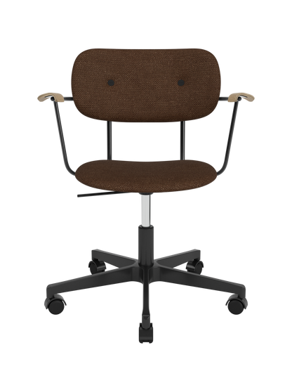 Fully upholstered Co Task Chair in brown bouclé with natural oak armrests and a black five-star swivel base.