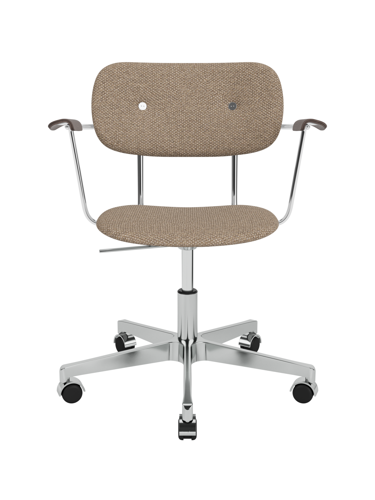 Co Task Chair in Logan Flint upholstery with dark stained oak armrests and a five-star chrome base on casters.