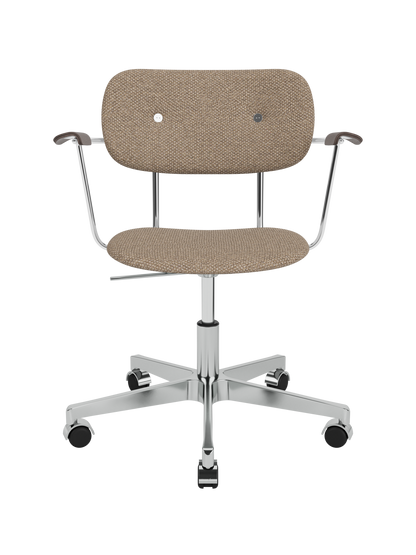 Co Task Chair in Logan Flint upholstery with dark stained oak armrests and a five-star chrome base on casters.