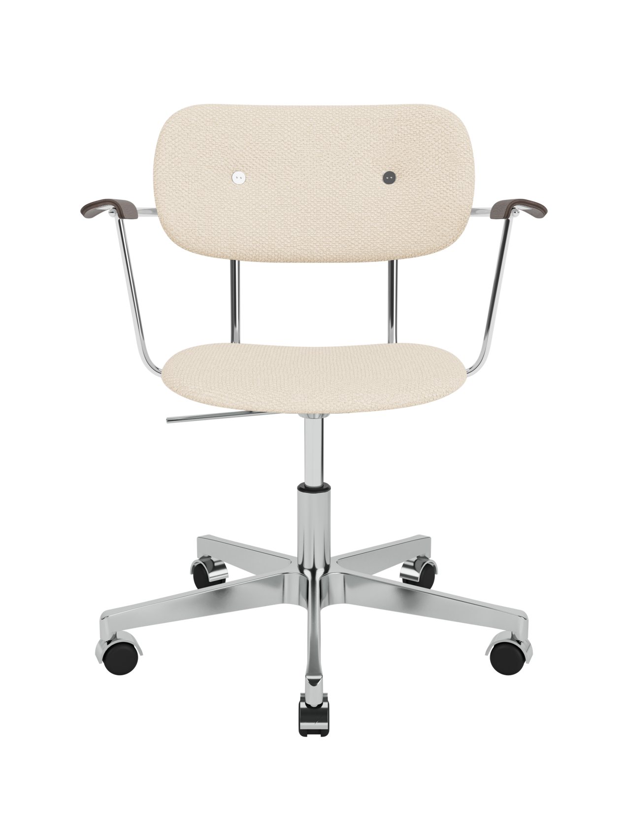 Logan Jasmine upholstered Co Task Chair with dark stained oak armrests and a chrome swivel base with casters.